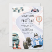 子供のレーシングカーテーマの1歳誕生日パーティー 招待状 (正面)
