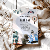 子供のレーシングカーテーマの1歳誕生日パーティー 招待状