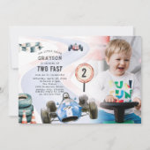 子供のレーシングカーテーマの2歳の誕生日パーティーの写真 招待状 (正面)