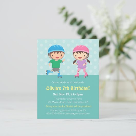 子供のローラースケートで滑るのバースデーパーティ招待状 招待状 (スタンド正面)