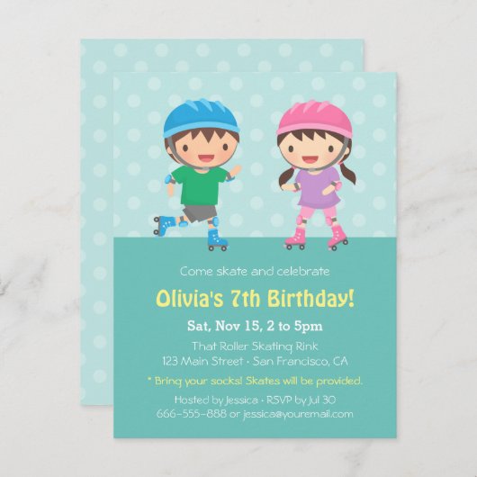 子供のローラースケートで滑るのバースデーパーティ招待状 招待状 (正面/裏面)