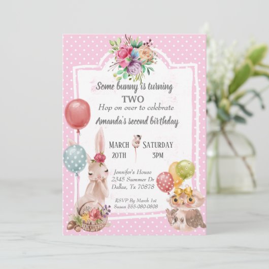 子供の一部のバニーのイースターフクロウかわいらしピンク 招待状 (スタンド正面)