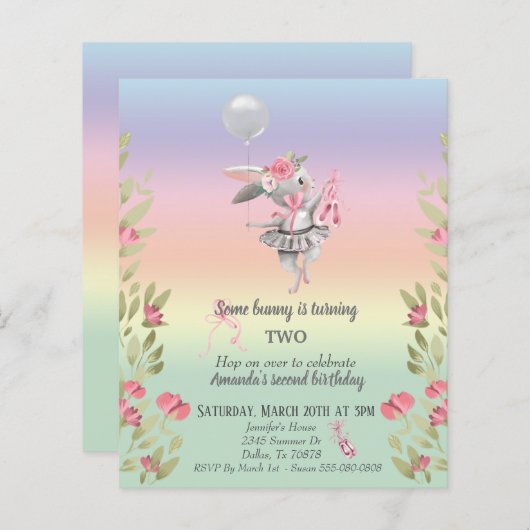 子供の一部のバニーイースターバレリーナ誕生日の招待 (正面/裏面)