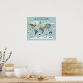 子供の世界地図（動物とランドマーク付き） ポスター (キッチン)