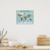 子供の世界地図(動物やランドマーク付き) ポスター (キッチン)
