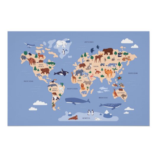 子供の世界地図（動物付き） ポスター (正面)
