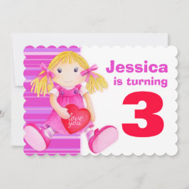 子供の人形の第3誕生日のピンクの誕生日の招待 招待状