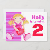 子供の人形 2歳の誕生日 ピンクの誕生日招待状 招待状 (正面)