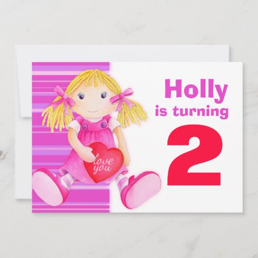 子供の人形 2歳の誕生日 ピンクの誕生日招待状 招待状 (正面)