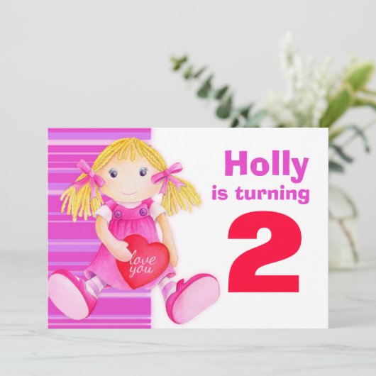 子供の人形 2歳の誕生日 ピンクの誕生日招待状 招待状 (スタンド正面)