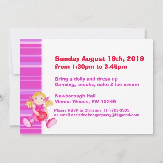 子供の人形 2歳の誕生日 ピンクの誕生日招待状 招待状 (裏面)