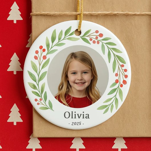 子供の写真とヒイラギのリース クリスマス 2025 セラミックオーナメント