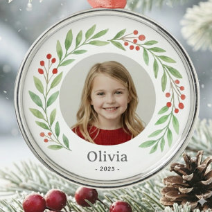 子供の写真とヒイラギのリース クリスマス 2025 メタルオーナメント