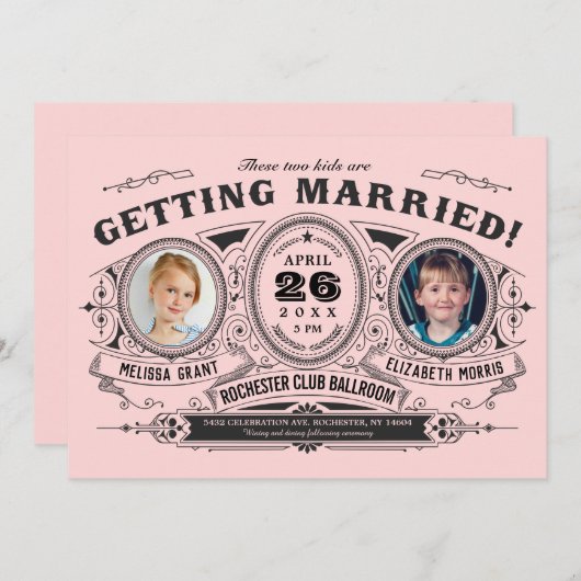 子供の写真のレズビアンの結婚式招待状|のピンク 招待状 (正面/裏面)