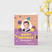 子供の写真は挨拶の誕生日を風船のようにふくらませます カード (黄色い花)