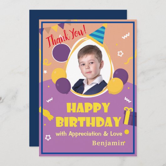子供の写真風船 ハッピー バースデー 個人名入れ サンキューカード (正面/裏面)