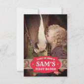 子供の初めてのロデオ 赤茶色 ウェスタン写真 サンキューカード (正面)