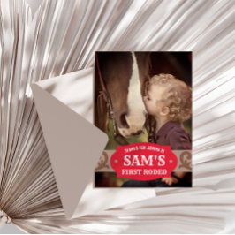 子供の初めてのロデオ 赤茶色 ウェスタン写真 サンキューカード