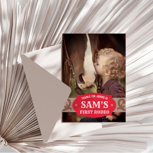 子供の初めてのロデオ 赤茶色 ウェスタン写真 サンキューカード
