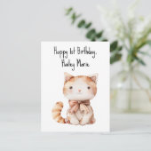 子供の初めての誕生日ねこぬいぐるみ オーダーメイド ポストカード (スタンド正面)