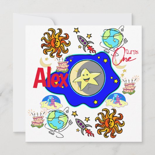 子供の初めての赤ちゃんの誕生日招待状 宇宙船 招待状 (正面)