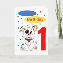 子供の初誕生日 かわいい子犬とカラフルな紙吹雪