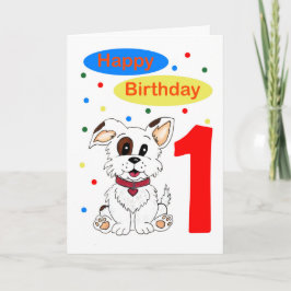 子供の初誕生日 かわいい子犬とカラフルな紙吹雪 カード