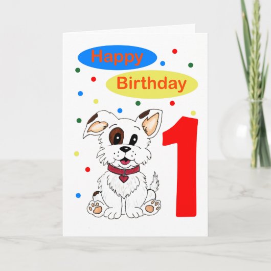 子供の初誕生日 かわいい子犬とカラフルな紙吹雪 カード (正面)