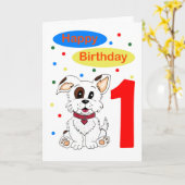 子供の初誕生日 かわいい子犬とカラフルな紙吹雪 カード (黄色い花)
