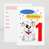 子供の初誕生日 かわいい子犬とカラフルな紙吹雪 招待状 (正面/裏面)