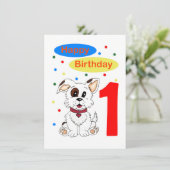 子供の初誕生日 かわいい子犬とカラフルな紙吹雪 招待状 (スタンド正面)