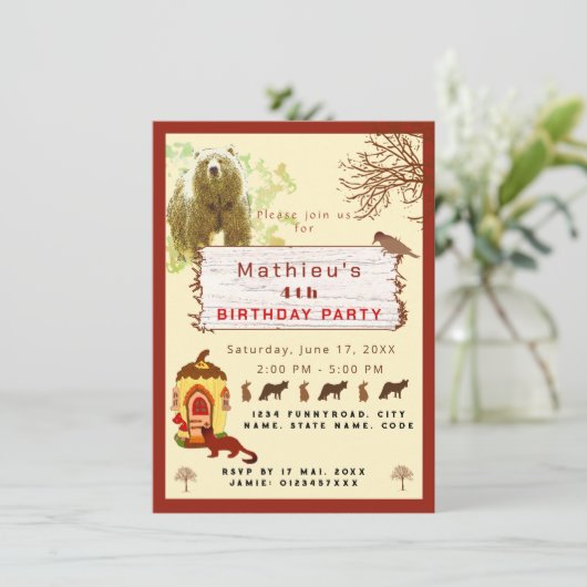 子供の動物と木の誕生日パーティー 招待状 (スタンド正面)