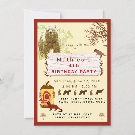 子供の動物と木の誕生日パーティー 招待状 (正面)