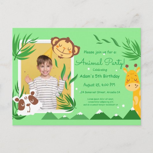 子供の動物の誕生日パーティー、動物の誕生日写真 ポストカード (正面)