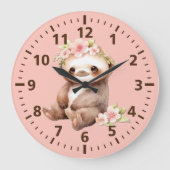 子供の可愛いナマケモノと花ピンク茶色 ラージ壁時計 (正面)