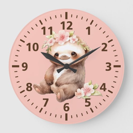 子供の可愛いナマケモノと花ピンク茶色 ラージ壁時計 (正面)