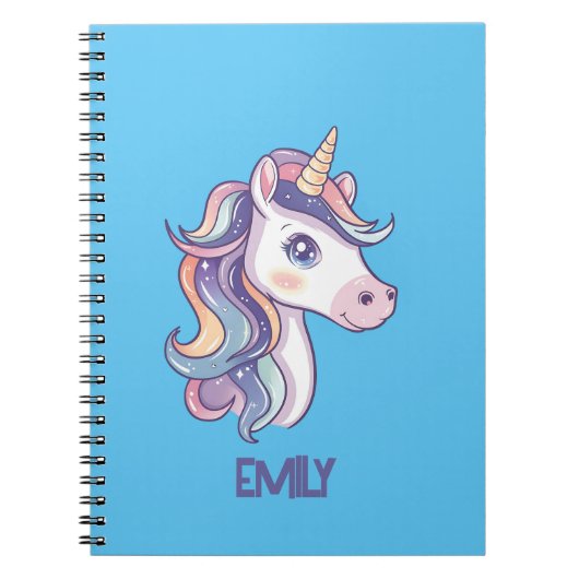 子供の名前の魔法のキュートなスパークリーなパステルユニコーン ノートブック (正面)