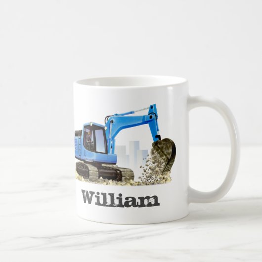 子供の名前をカスタムするの青い坑夫の掘削機 コーヒーマグカップ (右)