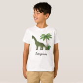 子供の名前入りのかわいいブラキオサウルスとヤシの木 Tシャツ (正面フル)
