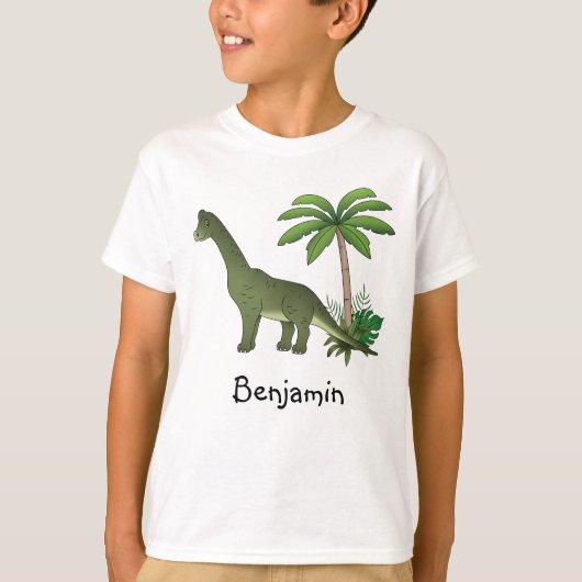 子供の名前入りのかわいいブラキオサウルスとヤシの木 Tシャツ (正面)