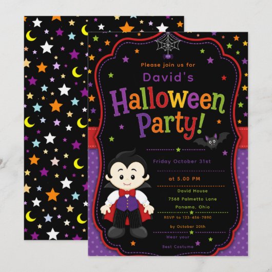 子供の吸血鬼ハロウィンパーティー 招待状 (正面/裏面)