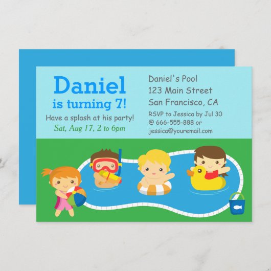 子供の夏のしぶきの誕生日のプールのパーティの招待状 招待状 (正面/裏面)