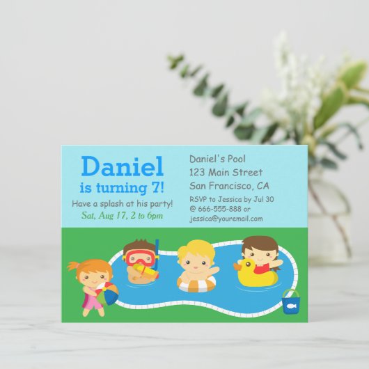 子供の夏のしぶきの誕生日のプールのパーティの招待状 招待状 (スタンド正面)