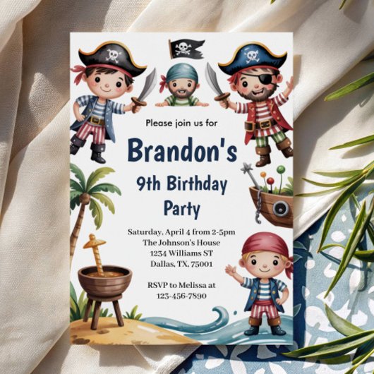子供の夏のビーチ海賊の誕生日パーティー 招待状