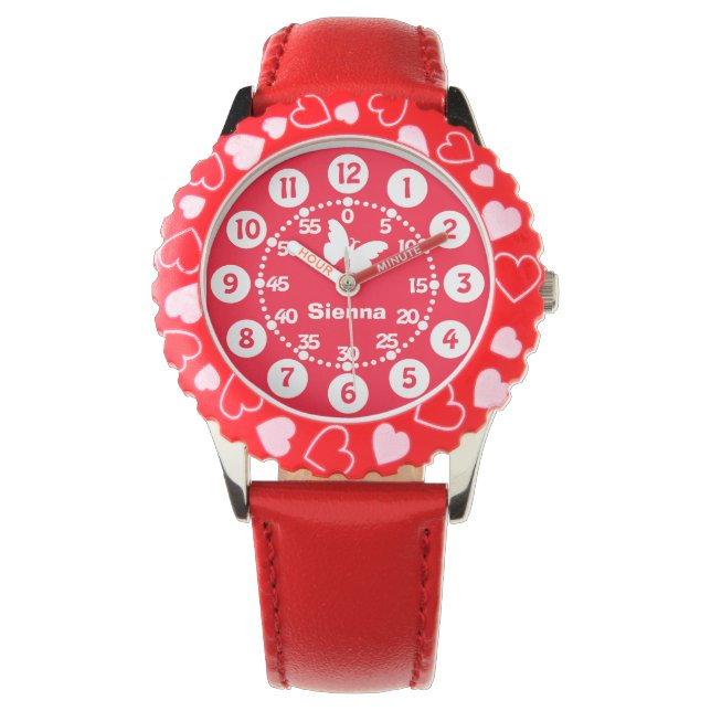 子供の女の子の赤と白あなたの名前の腕時計を追加 腕時計 (正面)