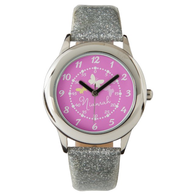 子供の女の子ピンクの3つの蝶と名時計 腕時計 (正面)