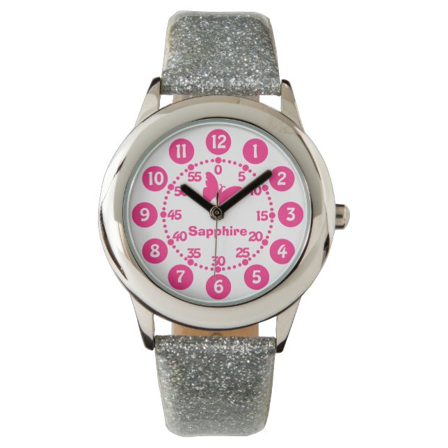 子供の女の子ピンク&ホワイトあなたの名前の腕時計を追加 腕時計 (正面)