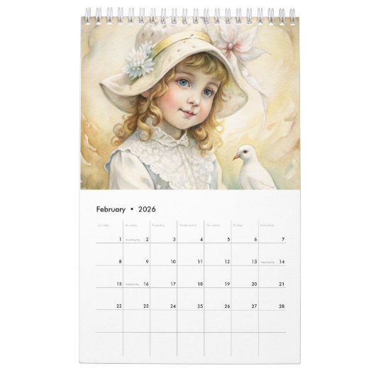 子供の女の子ヴィンテージイースタードーブ2025 カレンダー (2月 2026)