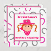 子供の女性のカーボーイのパーティーの赤毛の女の子の誕生日 招待状 (正面/裏面)