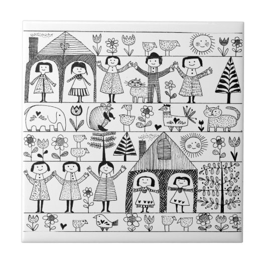 子供の子供および動物の民芸のスケッチ タイル (正面)